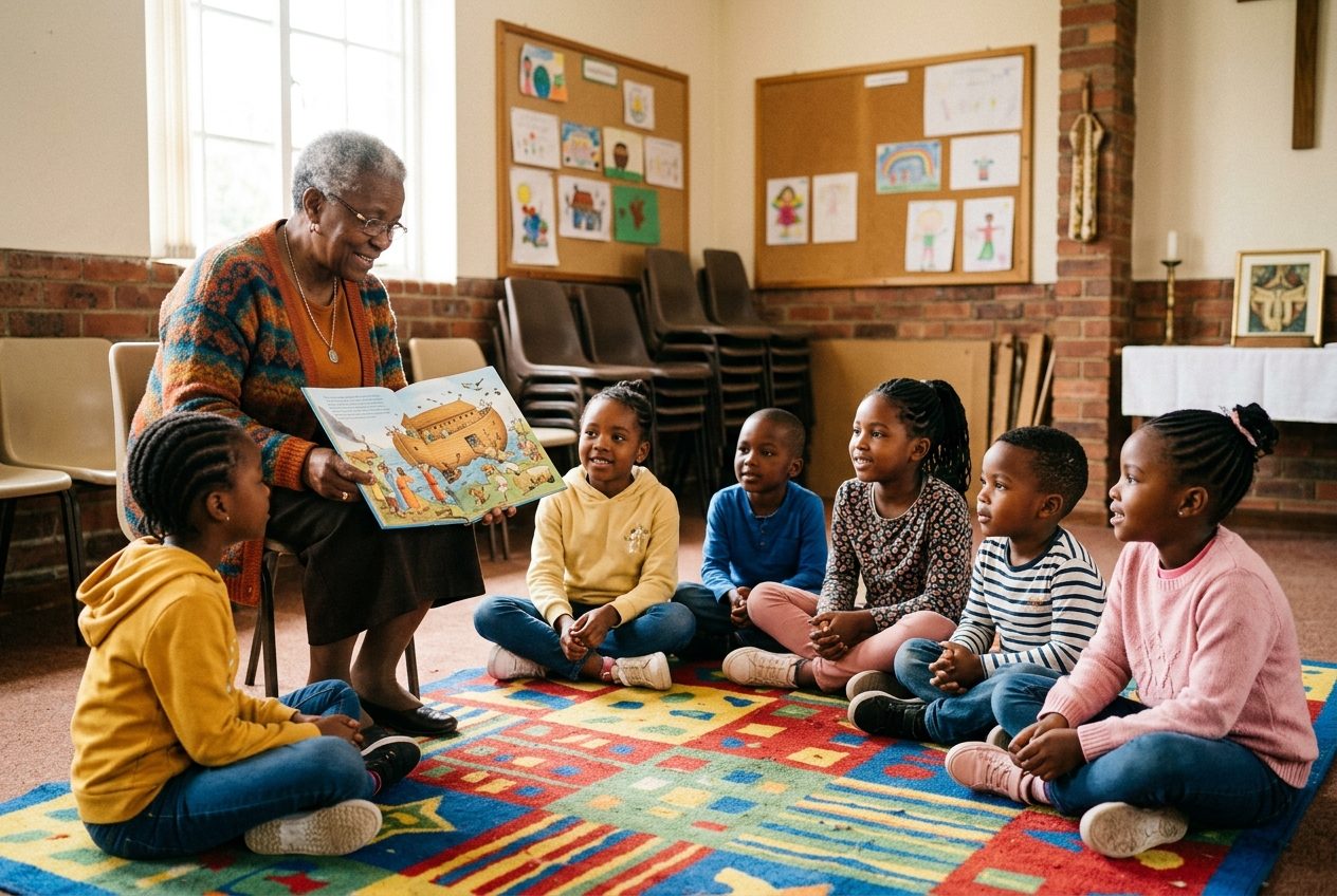 A teacher reading a Bible story to children in Sunday School