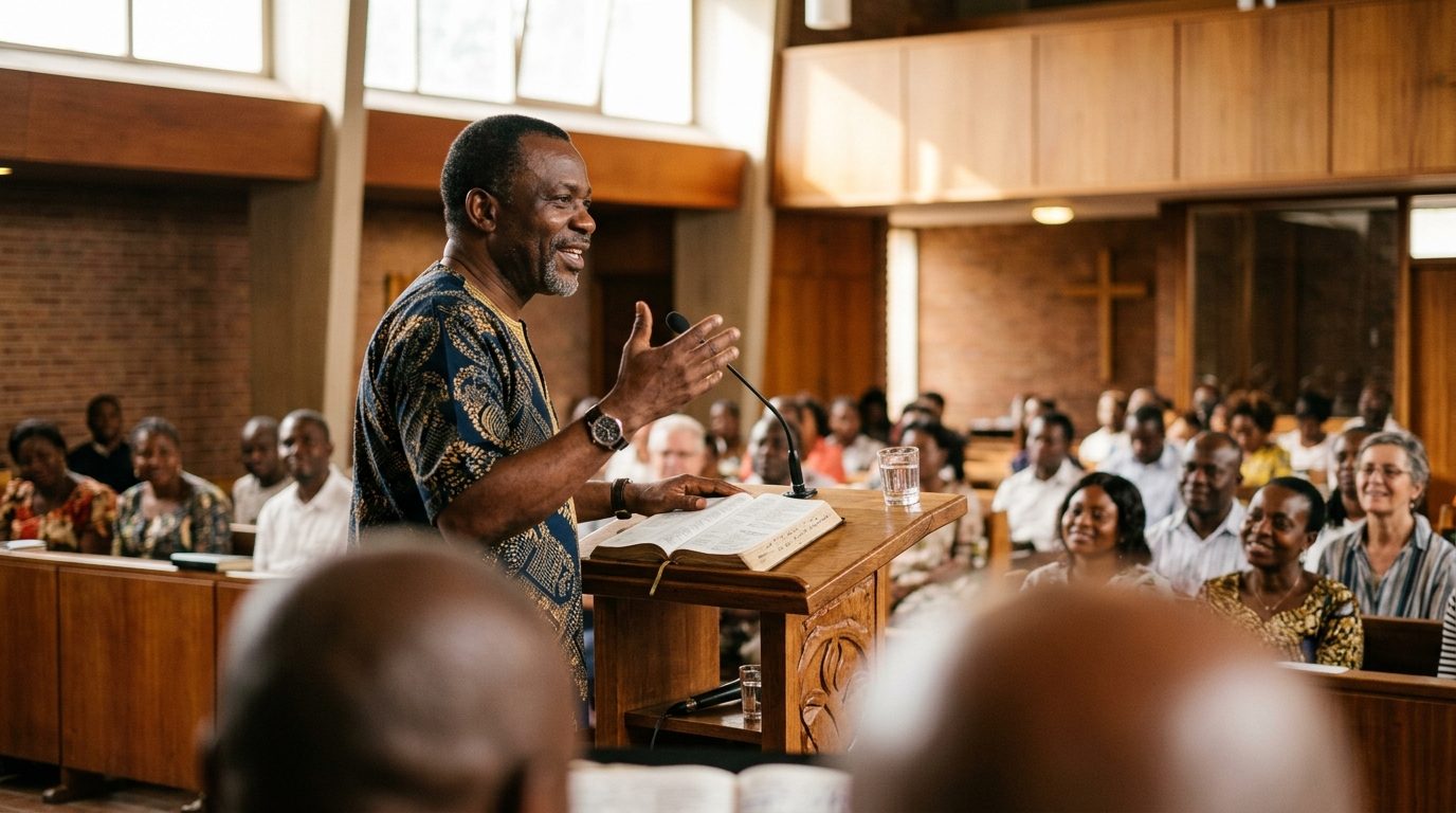 The pastor preaching from the lectern