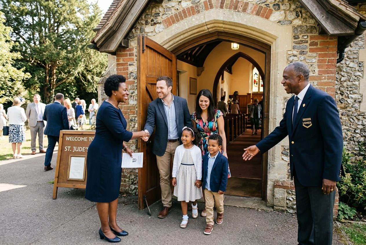Ushers welcoming a family