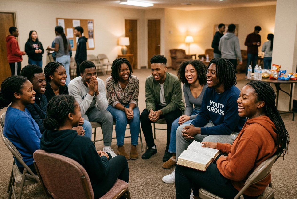 Youth group laughing together in a circle